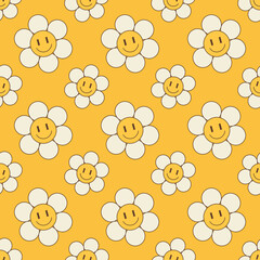 Smiling cute flowers. Seamless floral vector pattern in yellow and white. - 542084907