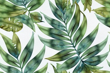 Fototapeta na wymiar Square seamless pattern with watercolor tropical leaves. Watercolor wallpapers with floral motif. Palm leaf, fern. Detailed realistic leaves