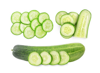 Cucumber and slices isolated on white background. Top view