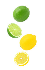 Lime and lemon falling in the air isolated on white background