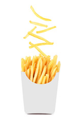 French fries in a white paper box isolated on white background.