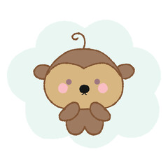 Cute baby monkey on green cloud. Hand drawn vector illustration in crayon colored texture isolated on white background.