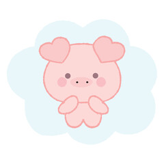 Cute baby pig on blue cloud. Hand drawn vector illustration in crayon colored texture isolated on white background.