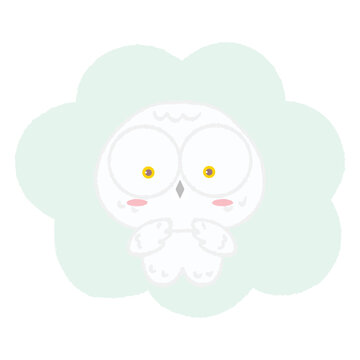 Cute baby snowy owl on green cloud. Hand drawn vector illustration in crayon colored texture isolated on white background.