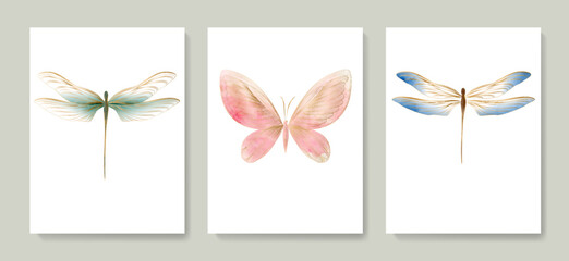 Art background with butterflies and dragonfly with watercolor texture and golden hand drawn art line style. Vector set of prints for decoration design, print, textile, wallpaper, interior design.