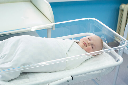 Baby Is Sleeping In Small Transparent Portable Plastic Bed. Baby  Is Lying In A Hospital Crib.