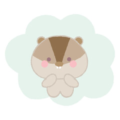 Cute baby lemming on green cloud. Hand drawn vector illustration in crayon colored texture isolated on white background.