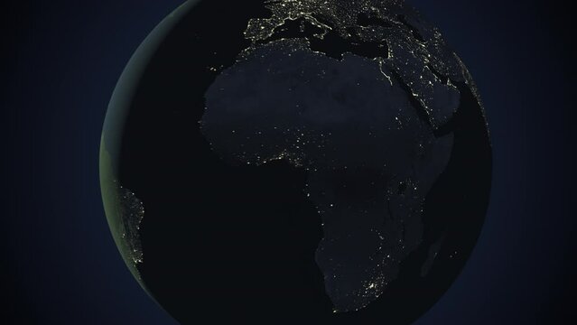 Seamless looping animation of the earth at night zooming in to the 3d map of South Sudan with the capital and the biggest cites in 4K resolution