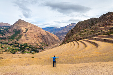 panoramic view of pisac inca valley, peru - obrazy, fototapety, plakaty