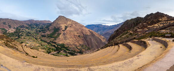 panoramic view of pisac inca valley, peru - obrazy, fototapety, plakaty
