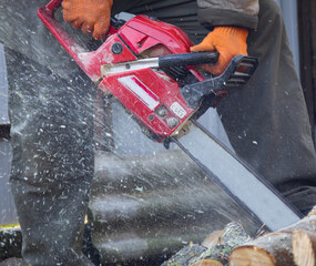 A man in construction gloves saws firewood and logs with a chainsaw, sawdust and dust fly. Harvesting firewood for the winter, sawmill
