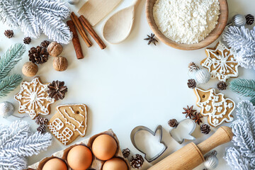 Christmas background with place for text. Flour, eggs, cinnamon, form, rocking flat lay top view