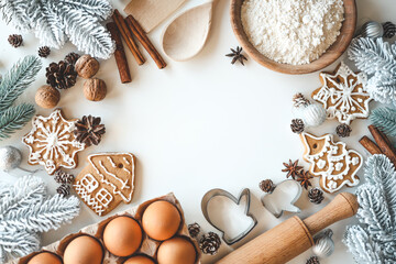 Fototapeta na wymiar Christmas background with place for text. Flour, eggs, cinnamon, form, rocking flat lay top view