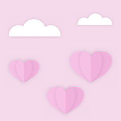 valentine's day card pink heart shape and clouds on pink background.