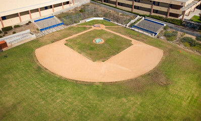 This photograph shows an aerial, overhead view of an empty baseball field. - Powered by Adobe