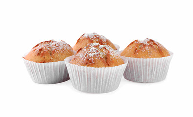 Tasty muffins powdered with sugar on white background
