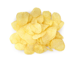 Heap of delicious potato chips on white background, top view