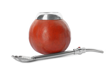 Calabash with mate tea and bombilla on white background