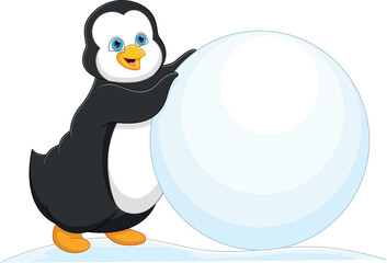 cartoon cute penguin playing with snowball