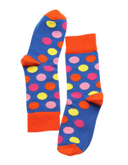 Colorful socks on white background, top view
