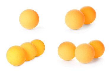 Set with ping pong balls on white background