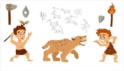 Prehistoric stone age set, primitive people, stone age weapon and tools vector Illustrations. Stone age people. Cartoon Character  Ancient people hunted smilodons. Saber-toothed lion attacked people. 
