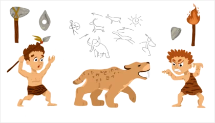 Naadloos Behang Airtex Aap Prehistoric stone age set, primitive people, stone age weapon and tools vector Illustrations. Stone age people. Cartoon Character  Ancient people hunted smilodons. Saber-toothed lion attacked people. 