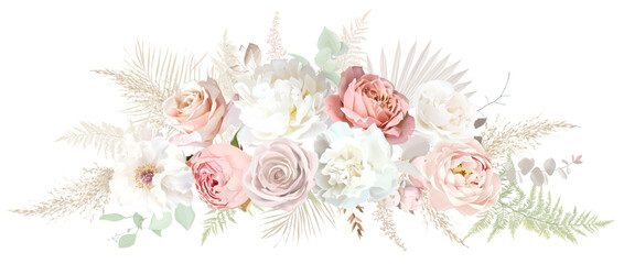 Boho beige and blush trendy vector design bouquet. Pastel pampas grass, ivory peony, creamy carnation