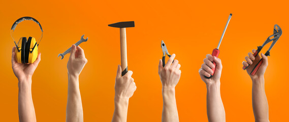 Collage with photos of men holding different construction tools on orange background, closeup....