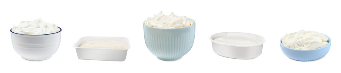 Set with tasty cream cheese on white background. Banner design