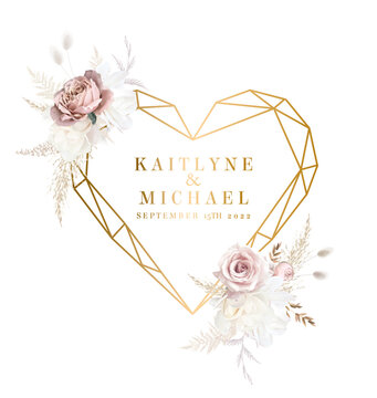 Flower geometric heart line art vector design frame. Wedding watercolor flowers