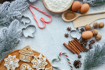 Ingredients for cooking christmas baking. Flour, eggs, brown sugar and spices. Top view with copy space