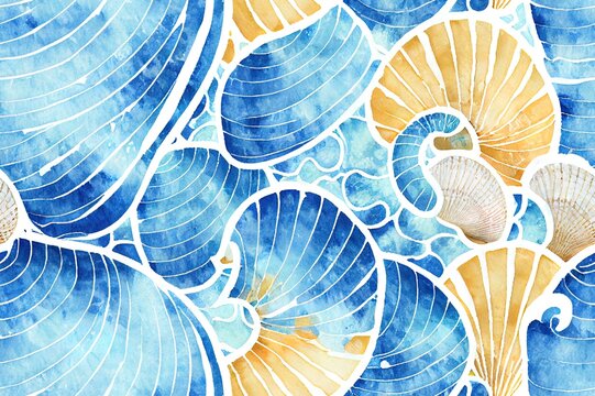 Watercolor sea shell japanese waves blue white seamless pattern. Hand drawn seashells ocean background with golden line. Watercolour marine illustration. Print for wallpaper, fabric, textile, wrapping