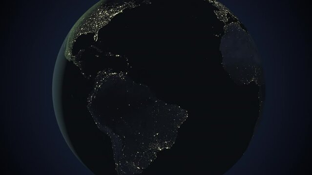 Seamless looping animation of the earth at night zooming in to the 3d map of Suriname with the capital and the biggest cites in 4K resolution