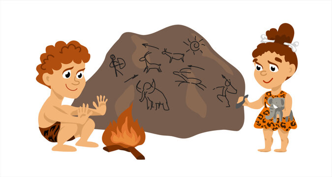 Prehistoric stone age set, primitive people, stone age weapons and tools vector illustration. stone age people. cartoon character. The girl draws rock paintings. The boy warms himself by the fire.