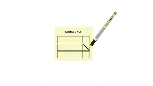 An animation of Malaysia General Elections concept. Voting box with paper and 14 states flag in the country and word. Malay word "kertas undi" meaning voting paper. "Malaysia memilih" is voting.
