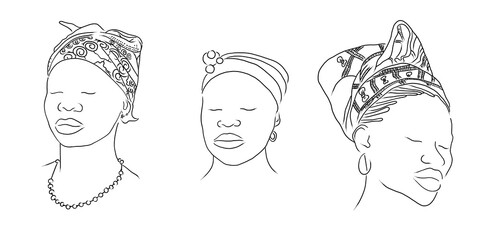 African Women Portraits Line Arts -  Black Woman Contour Silhouette, Faces, Drawing, Illustration, Afro Posters