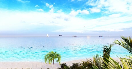 Fototapeta na wymiar Coconut palm trees against blue sky and beautiful beach. Vacation holidays background wallpaper. View of nice tropical beach. 3d rendering.