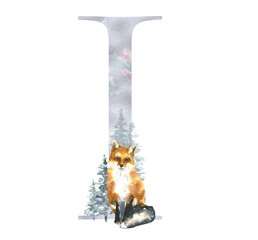 Christmas alphabet illustration, watercolor silver letter I, woodland winter forest animal,deer, stag, fawn, coniferous woods,fox, hare,rabbit. Floral animal alphabet for holiday greeting card, invite