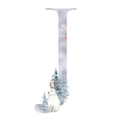 Christmas alphabet illustration, watercolor silver letter J, woodland winter forest animal,deer, stag, fawn, coniferous woods,fox, hare,rabbit. Floral animal alphabet for holiday greeting card, invite