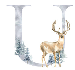 Christmas alphabet illustration, watercolor silver letter U, woodland winter forest animal,deer, stag, fawn, coniferous woods,fox, hare,rabbit. Floral animal alphabet for holiday greeting card, invite