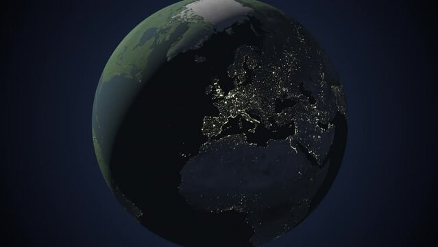 Seamless looping animation of the earth at night zooming in to the 3d map of Sweden with the capital and the biggest cites in 4K resolution