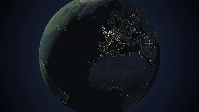 Seamless looping animation of the earth at night zooming in to the 3d map of Switzerland with the capital and the biggest cites in 4K resolution