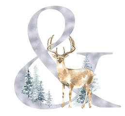 Christmas alphabet ampersand illustration, watercolor silver letter,woodland winter forest animal,deer, stag, fawn, coniferous woods,fox, hare,rabbit. Floral animal alphabet for holiday greeting cards