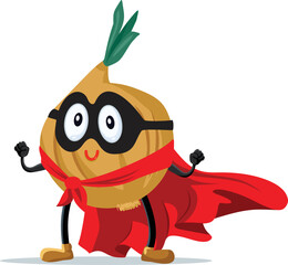 Superhero Onion Food Ingredient Mascot Vector Cartoon. Funny vegetable mascot wearing a red cape flexing muscles
