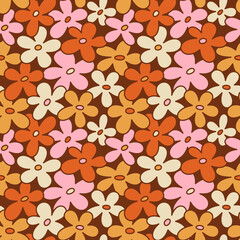 Hand drawn flower illustration. Seamless floral vector pattern in yellow, orange, pink and brown. - 542095988