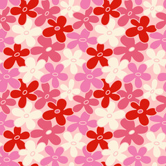 Hand drawn flower illustration. Seamless floral vector pattern in pink, red, and white. - 542095989
