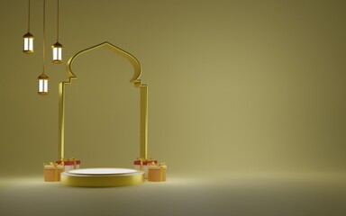 3D rendering of the podium decorated with mosque doors, gifts and lanterns. Suitable for product promotion podiums during Ramadan Sale and Islamic religious events.