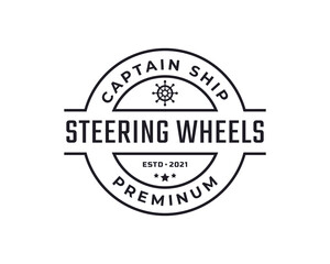 Vintage Retro Badge Emblem Steering Wheel Captain Boat Ship Yacht Compass Transport Logo Design Linear Style