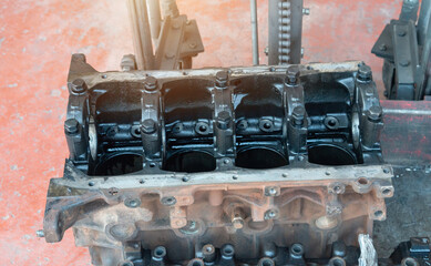 Car engine inside, Internal combustion engine with a shallow depth of field.